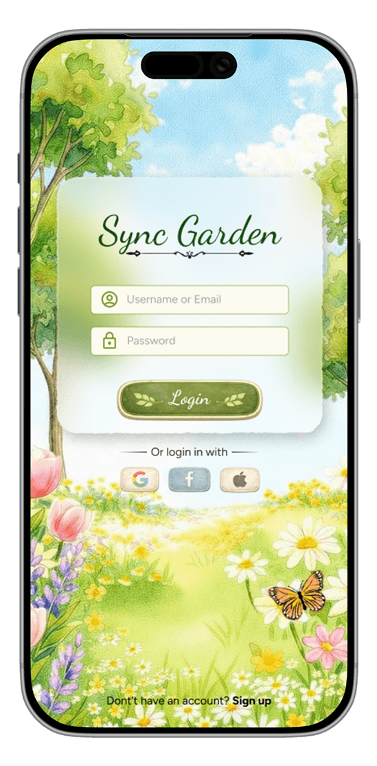Sync Garden app login screen